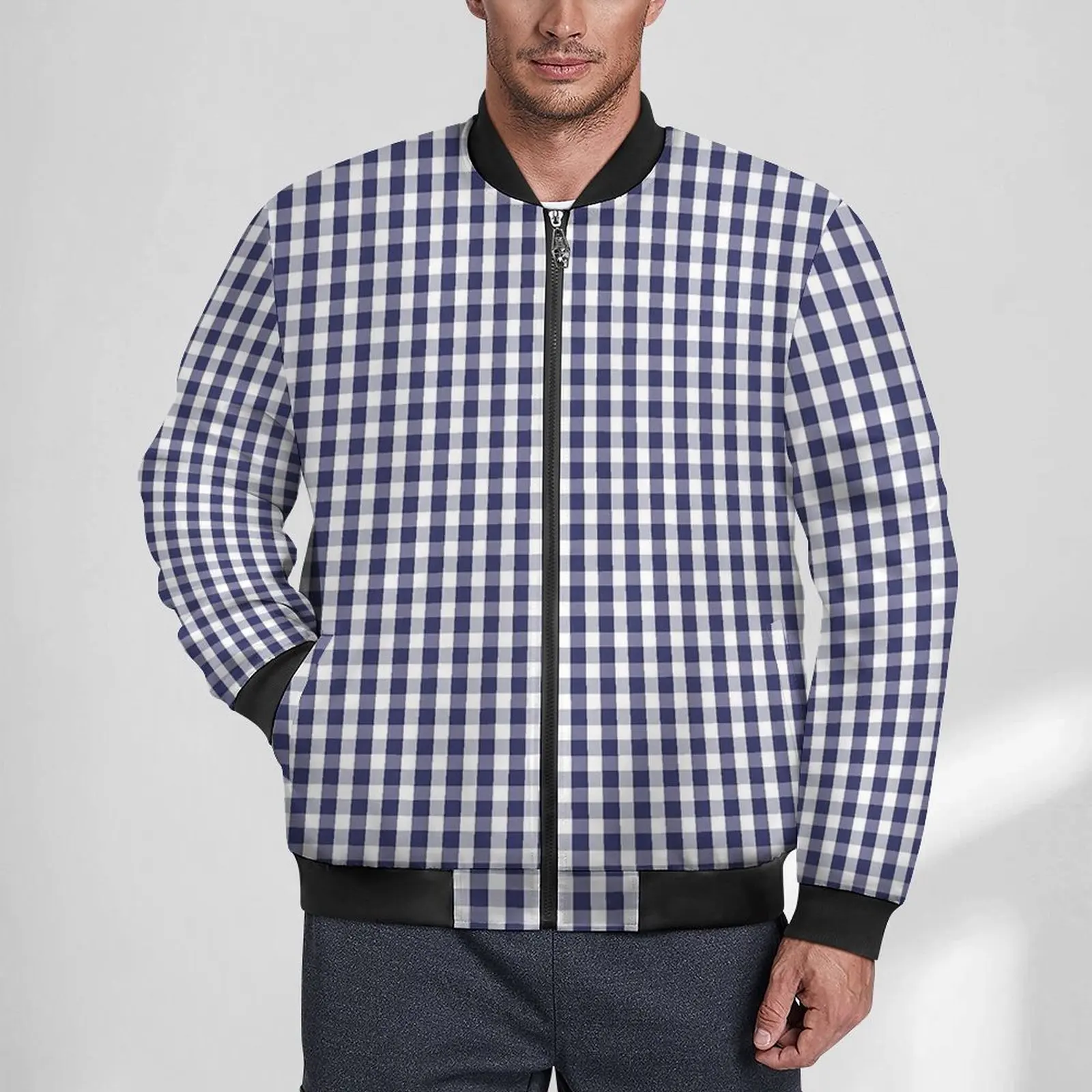 

Blue And White Gingham Jackets Male Checked Winter Coats Trendy Hooded Casual Windbreak Design Outdoor Jacket Plus Size 6XL