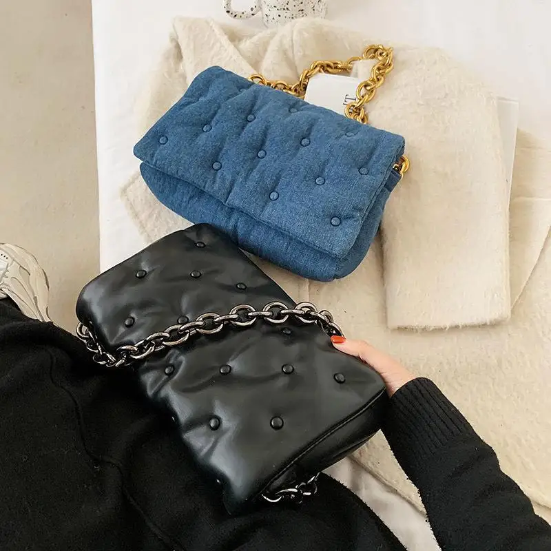 

PU Leather Mushroom Stud Fabric Shoulder Bag Chain Crossbody Bag Underarm Bag for Women Shoulder Handbags Travel Hand Bag