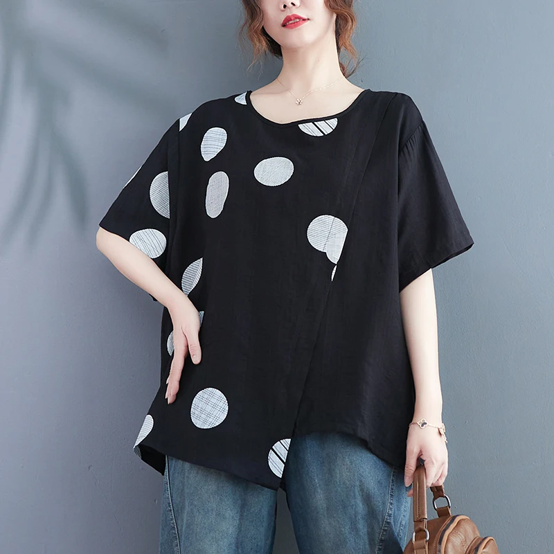 

2022 New Arrival Korea Style Print Polka Dots Irregular Chic Girl's Loose Fashion Summer T Shirts Tops Women Casual T-shirt Tees