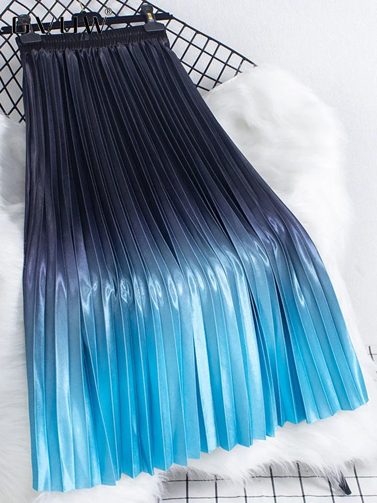 

GVUW 2023 Spring New Fold A-line Skirt For Women Gradient High Elastic Waist Fashion Tide Skirts Party Female Clothing 17G1610