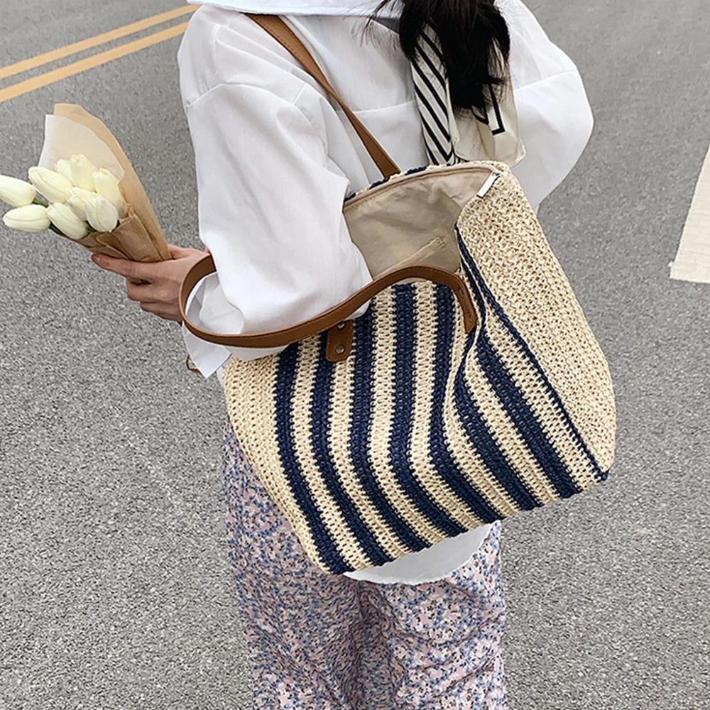 

Large Striped Woven Bags for Women Shoulder Bag Bohemian Straw Handbags and Purses Summer Big Shopper Bags 2022 Commute Tote New