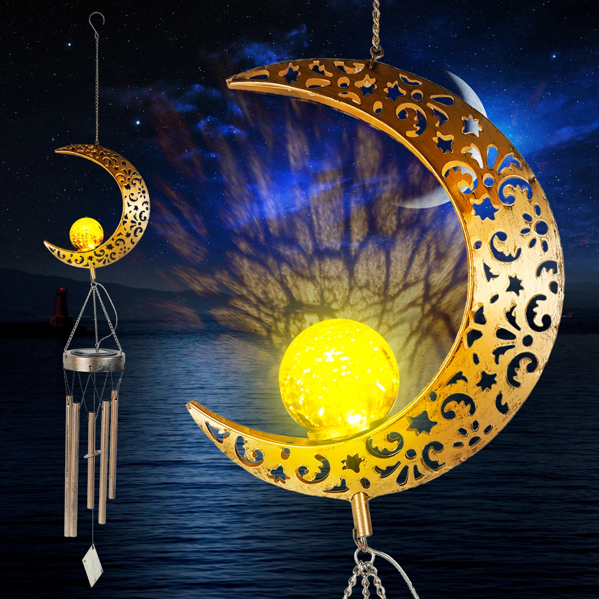 

Solar Wind Chimes with Metal Tube IP65 Waterproof Moon Solar Wind Chime Light Durable Warm LED Lights Wind Chime Non-Fading