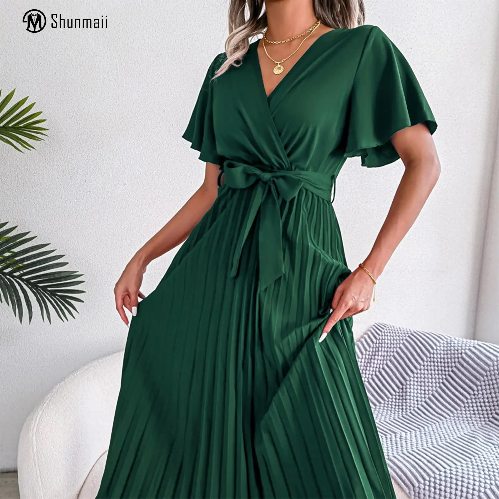 

Женское длинное платье с широкой юбкой, элегантное плиссированное платье с коротким рукавом, V-образным вырезом и поясом для коктейлей, весна-лето