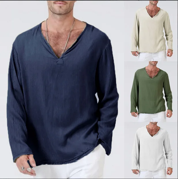 

2022 European and American new flax ethnic wind loose men V collar solid color long sleeves