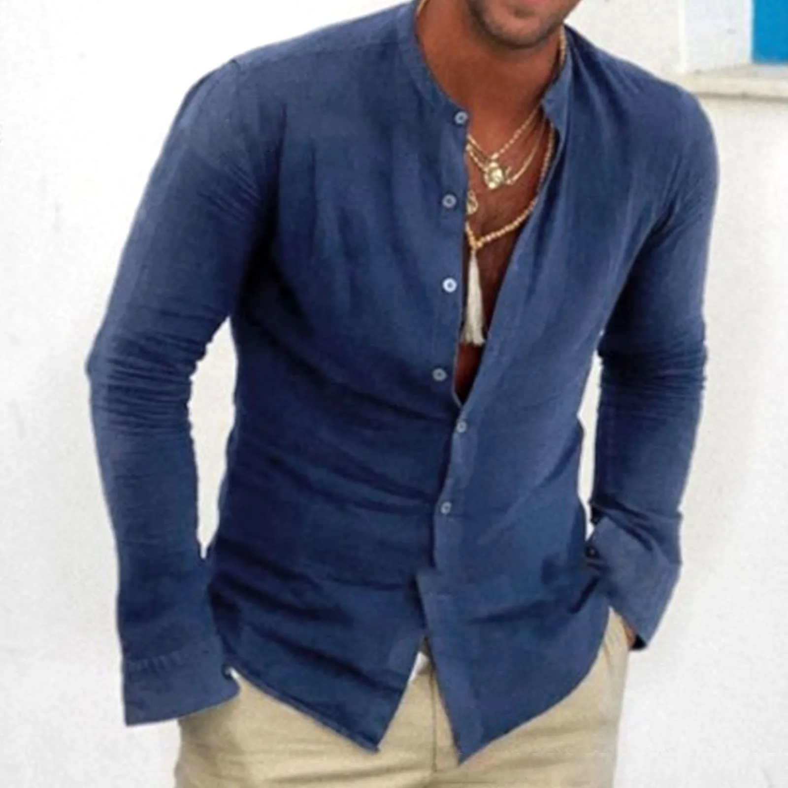 

Рубашка мужская с воротником-стойкой, хлопково-Льняная сорочка оверсайз с длинными рукавами, однотонная свободная дышащая пляжная одежда, лето
