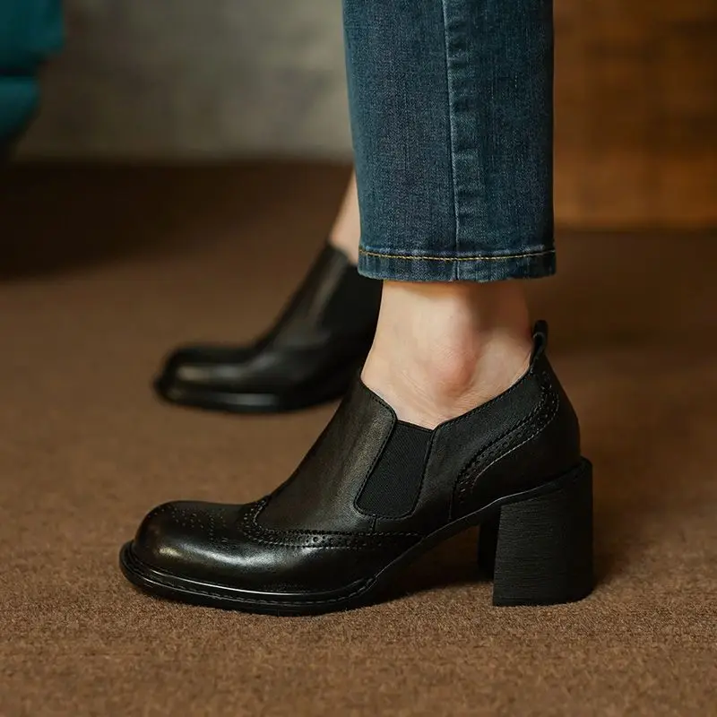 

Simple Shoes Woman Retro French Style Slip On Spring Autum Brogue Pumps Women Pumps Thick Sqaure Heel Round Toe Cowhide Loafers