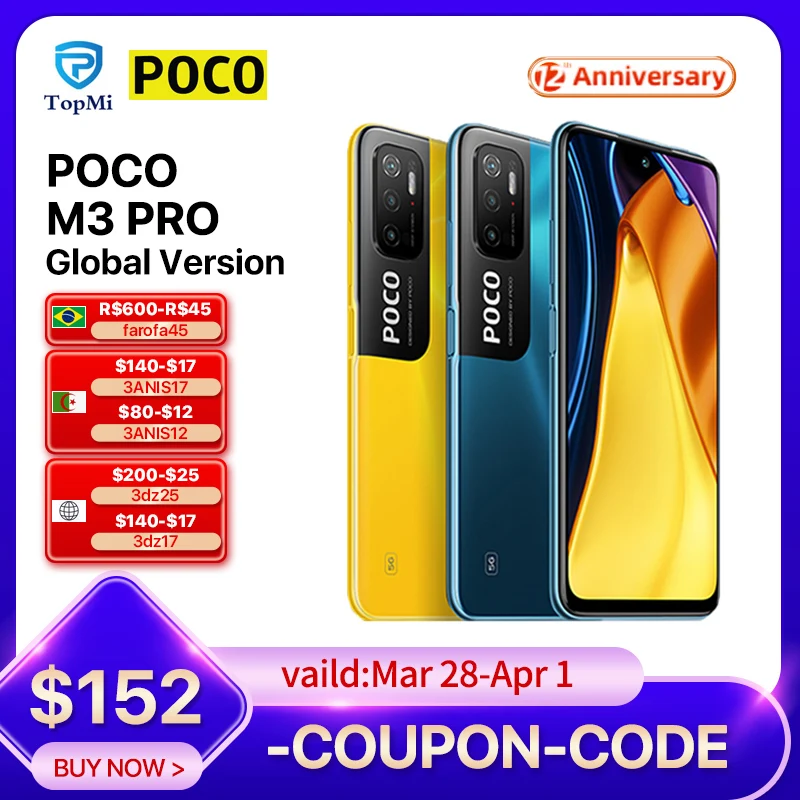 

Global Version POCO M3 Pro 5G 4GB RAM 64GB ROM Dimensity 700 Octa Core 90Hz 6.5" FHD+ DotDisplay 5000mAh NFC 48MP Triple Camera