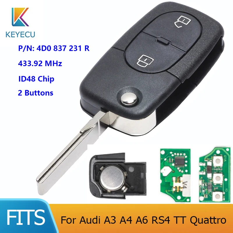 

KEYECU P/N: 4D0 837 231 R for Audi A3 A4 A6 RS4 TT Quattro New Flip Floding Remote Car key Fob 2 Button 433.92MHz ID48 Chip
