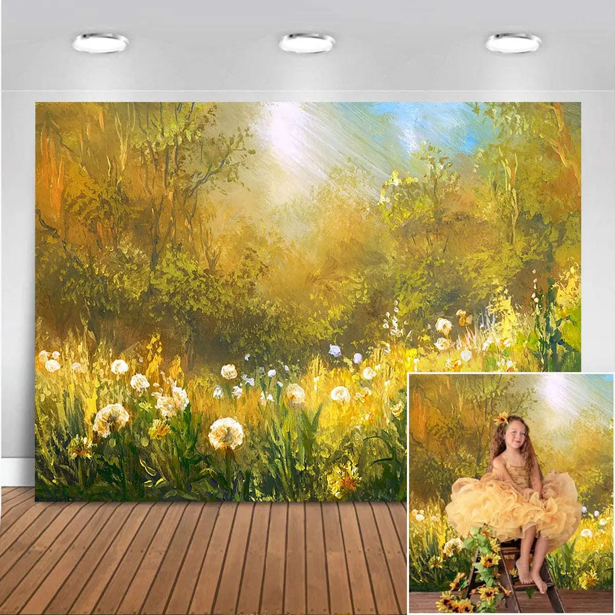

Spring Floral Portrait Oil Panting Golden Blooming Flower Backdrop Wall Home Decor Vinyl Landscape Flower Nature Artwork Banner