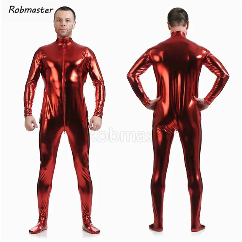 Мужской латексный костюм черные блестящие металлические колготки золотистый