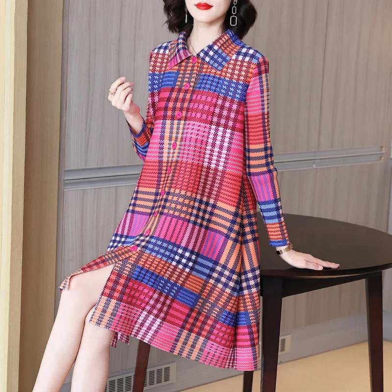 

Miyake niche design houndstooth print ladies dress spring 2022 new temperament shirt skirt