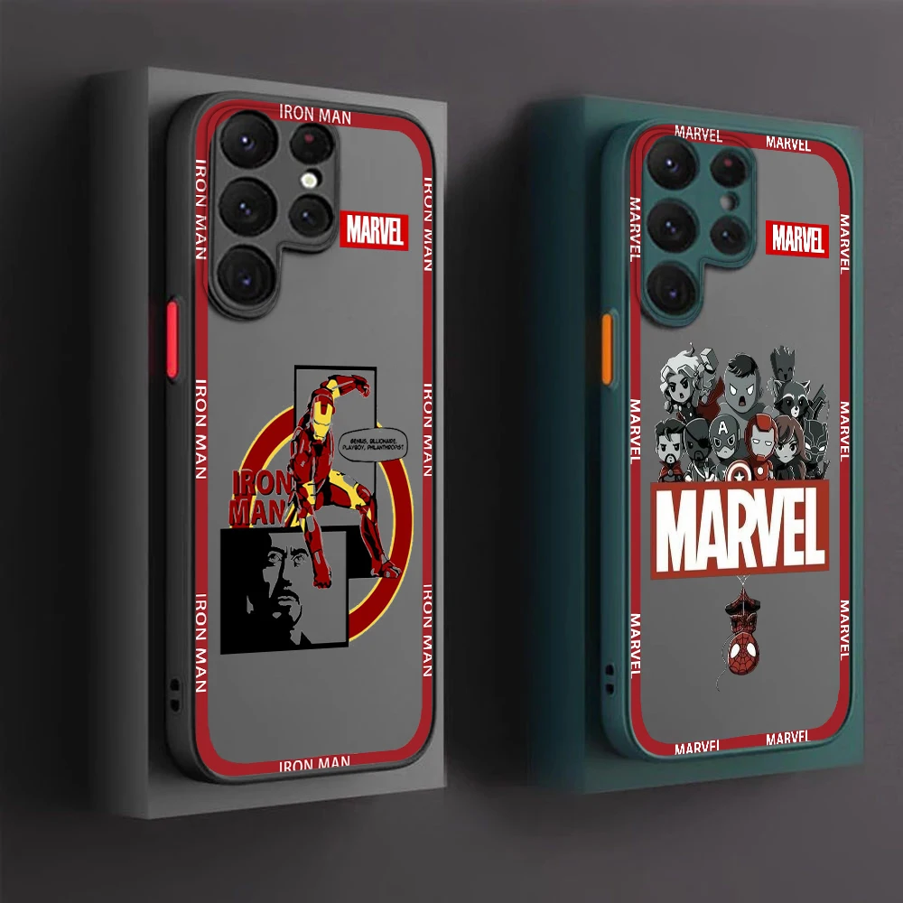 

Marvel SpiderMan Iron Man Logo Phone Case For Samsung S22 S21 Ultra S20 FE S10E S10 Lite Plus Frosted Translucent Matte Cover