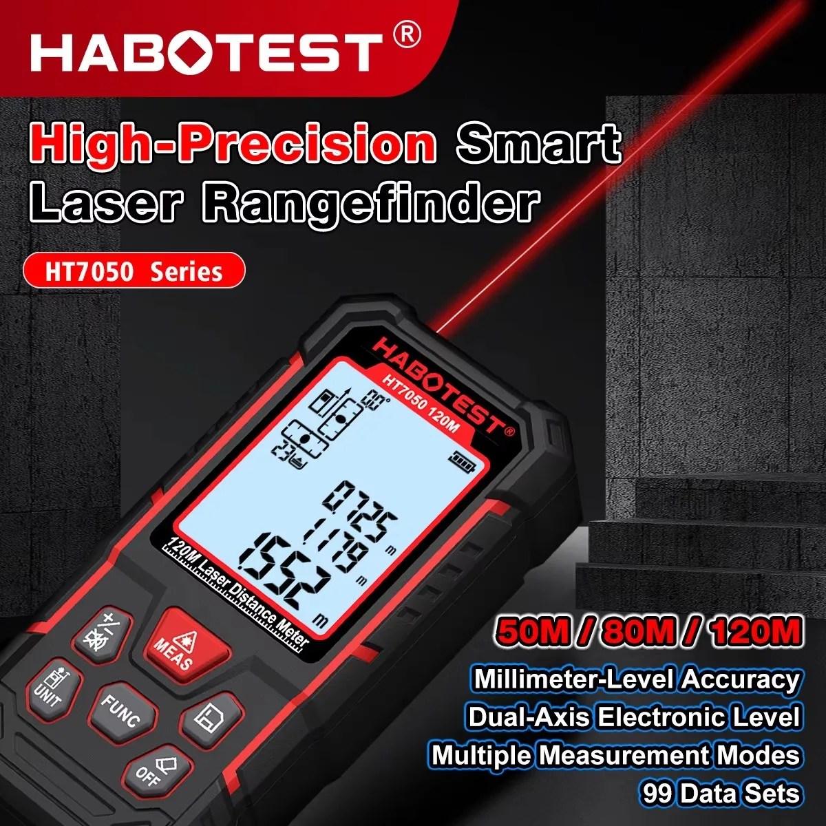 Фото Лазерный дальномер HABOTEST HT7050 50м/80м/120м, цифровой лазерный измеритель расстояния, площади и объема, портативный инструмент для измерения №4