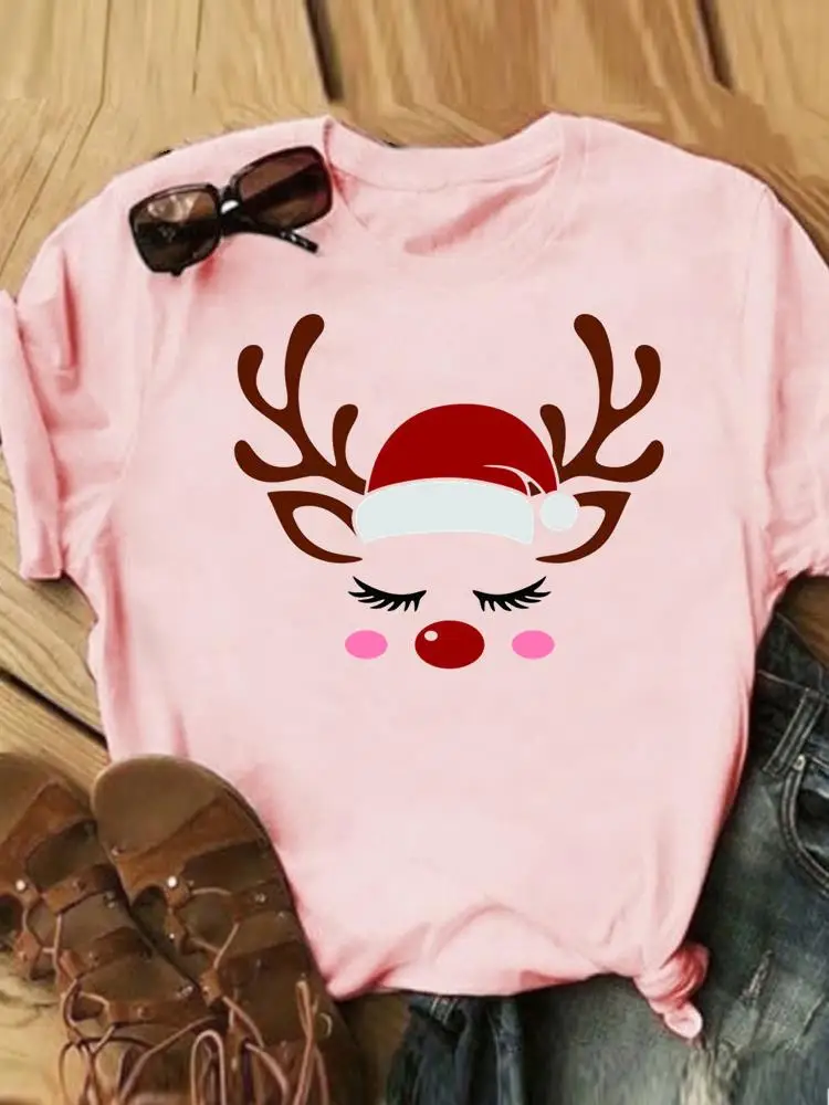 

Deer Face Cute Lovely Casual Graphic Tee Merry Christmas Holiday New Year Female T Clothing Fashion Women Print T-shirts