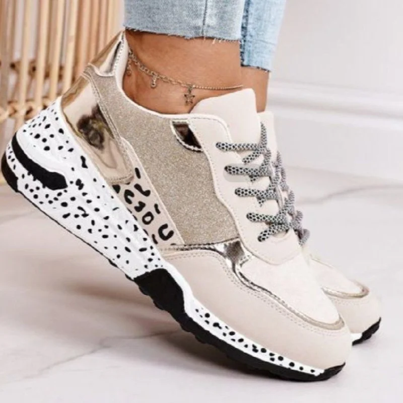 

Casual Sneakers Women's Large Size Thick Bottom Leopard Lace-up Running Shoes Soft Bottom Comfortable Trainers Zapatos Mujer