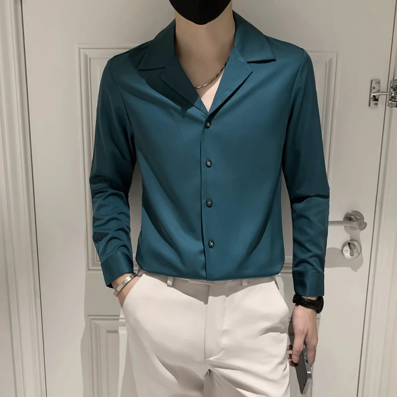 

Рубашка мужская приталенная с длинным рукавом, Повседневная Уличная одежда, смокинг для ночного клуба, выпускного вечера, однотонная одежд...