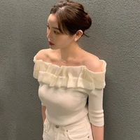 elegant knitted top one word neck off shoulder patchwork t shirts ruffled contrast color slim short sleeve woman tshirts