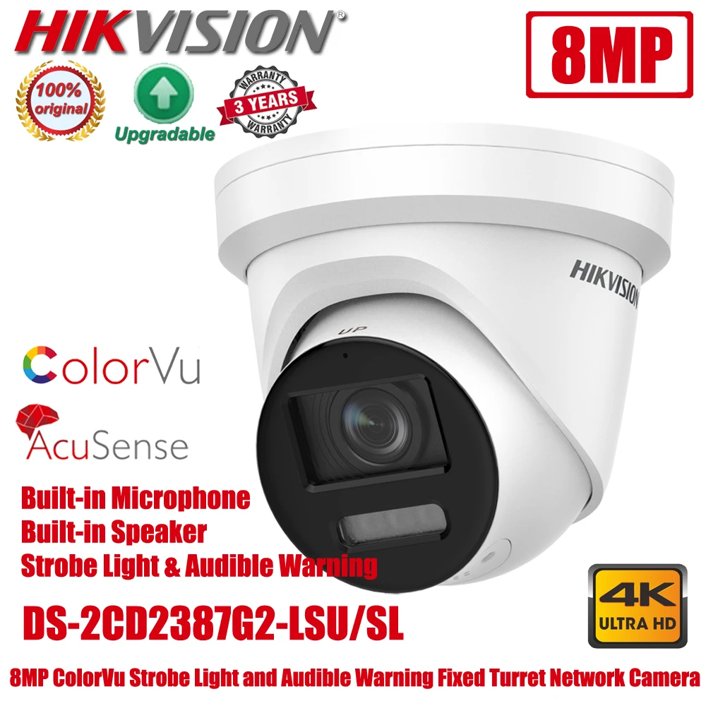 Hikvision DS-2CD2387G2-LSU/SL 8MP 4K ColorVu AcuSense microfono incorporato luce stroboscopica e allarme acustico torretta telecamera IP CCTV