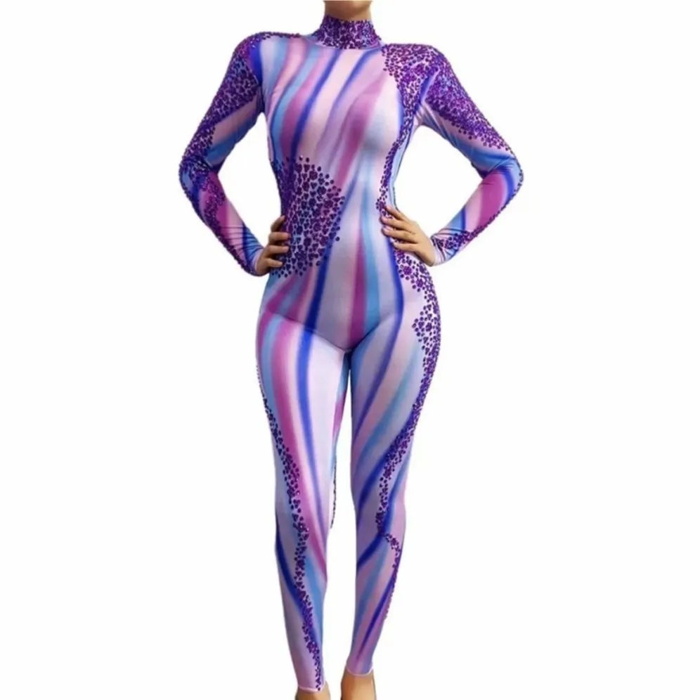 

Женский комбинезон с длинным рукавом, облегающий Блестящий Комбинезон со стразами, танцевальный комбинезон для выступлений, сценическая одежда на заказ