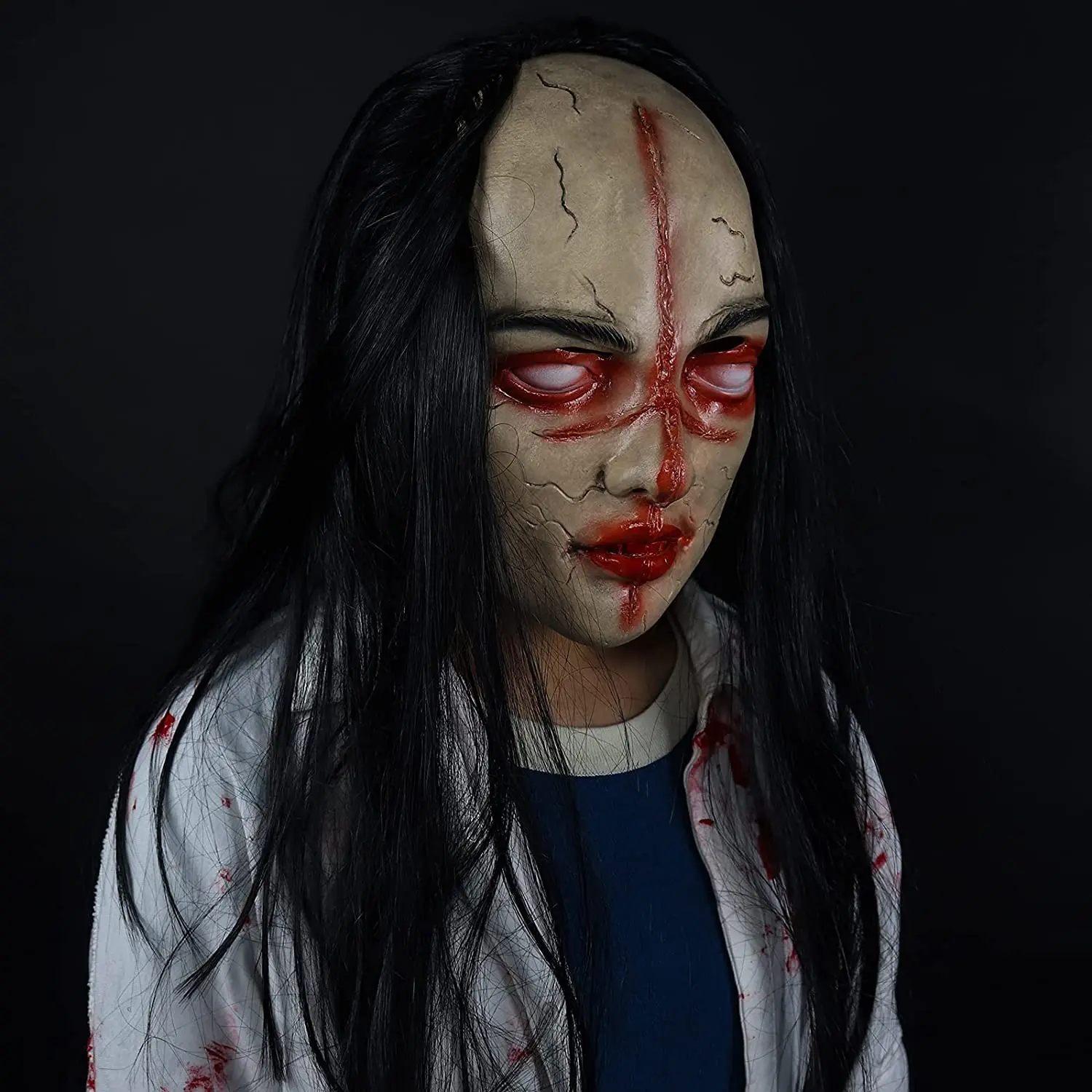 

Grimace Ghost Mask Scary Zombie Latex Skin with Long Hair Realistic Halloween Cosplay Props