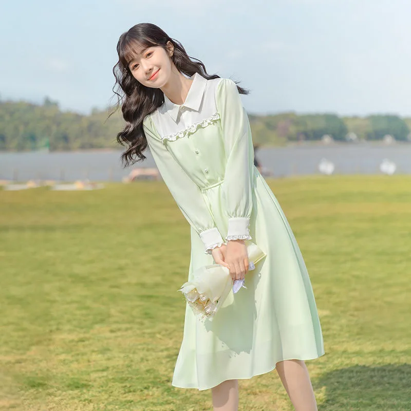 

Niche Design Sense Fairy Stitching Long-Sleeved Dress Female Spring New Waist Temperament Small Dress Female