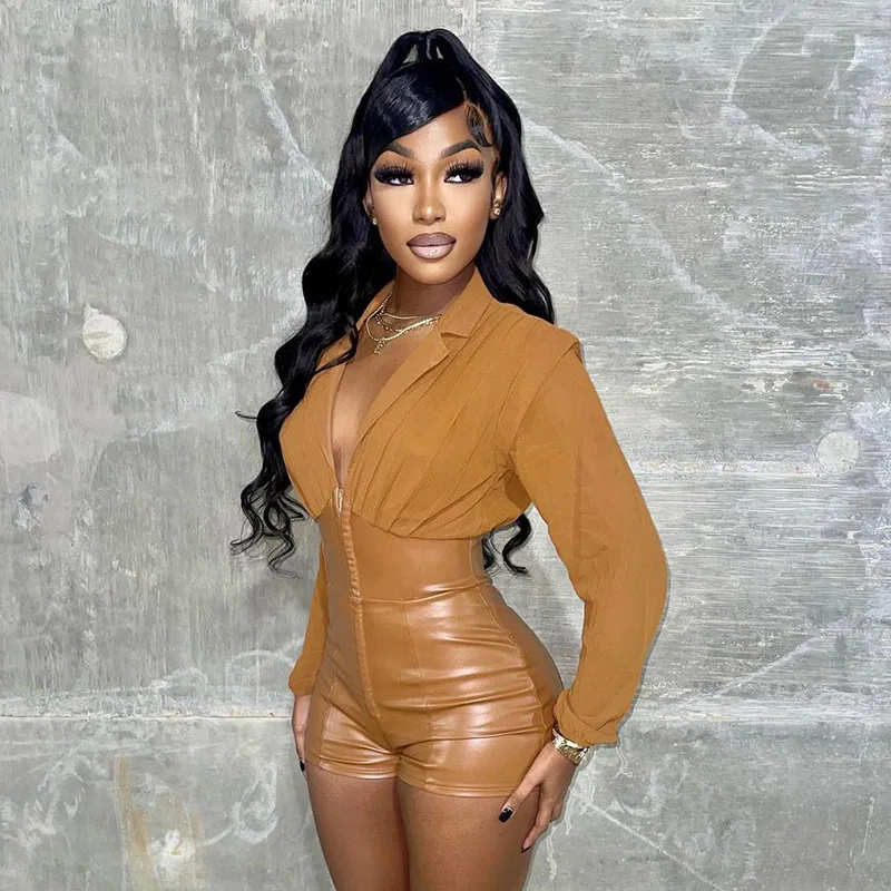 

Balogun Spring PU Bodycon Romper Zipper Long Sleeve V Neck Patchwork One Piece Set Outfits2022 Sexy Club Rompers Womens Jumpsuit