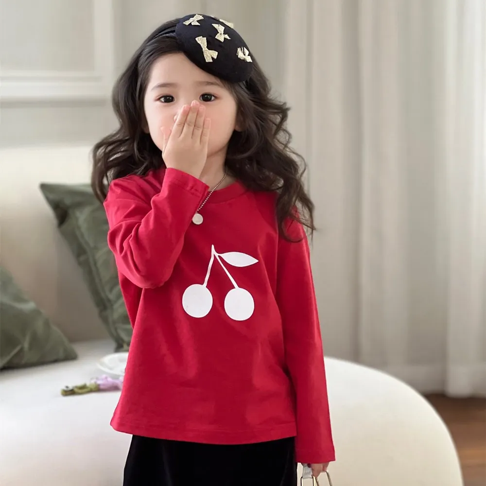 

Осенняя детская футболка для мальчиков и девочек, футболка с длинным рукавом, Повседневный хлопковый топ с круглым вырезом, трехцветный Мягкий Топ с принтом вишни