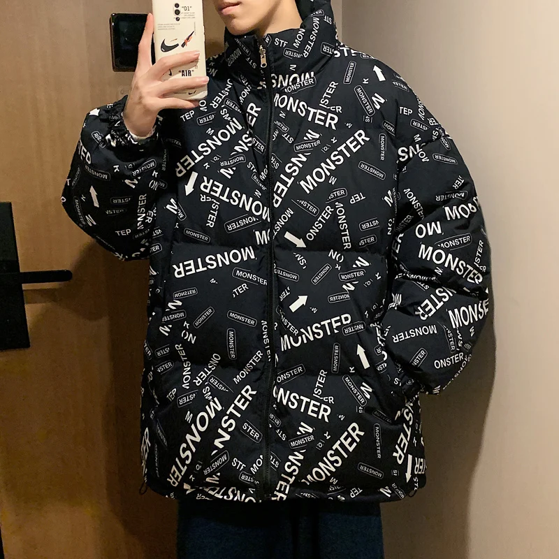 2022 New Style Reversible Thickened Padded Jacket Men's Autumn and Winter Loose Printed Padded Jacket Warm Padded Jacket