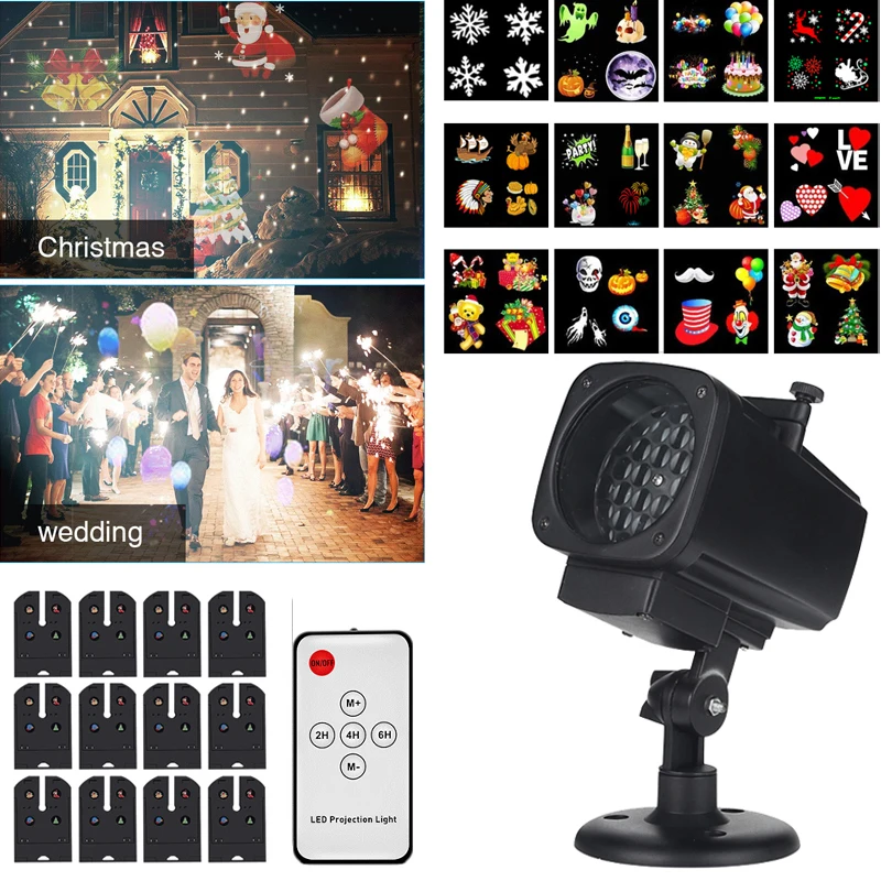 

Christmas Projector Lights Waterproof LED Laser Snowflake Projector 12 Film Cards Stage Light for New Year Christmas Home Garden