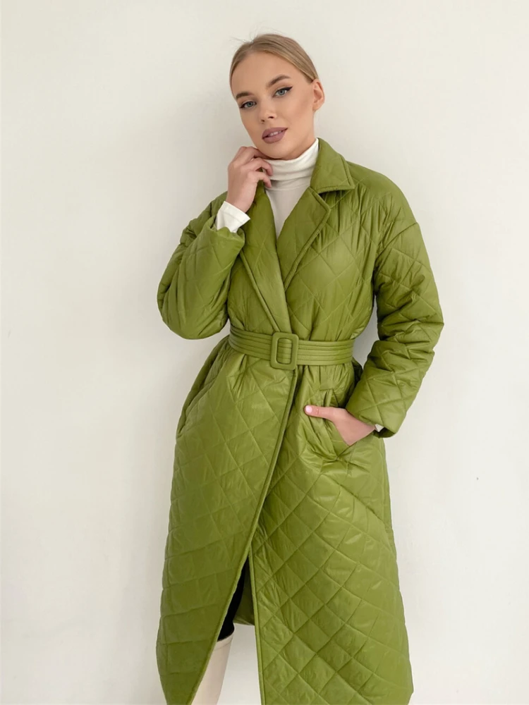 Winter Casual White Argyle Long Parkas with Belt Women 2022 Fashion Turn-down Collar Cotton Padded Quilted Jacket Streetwear
