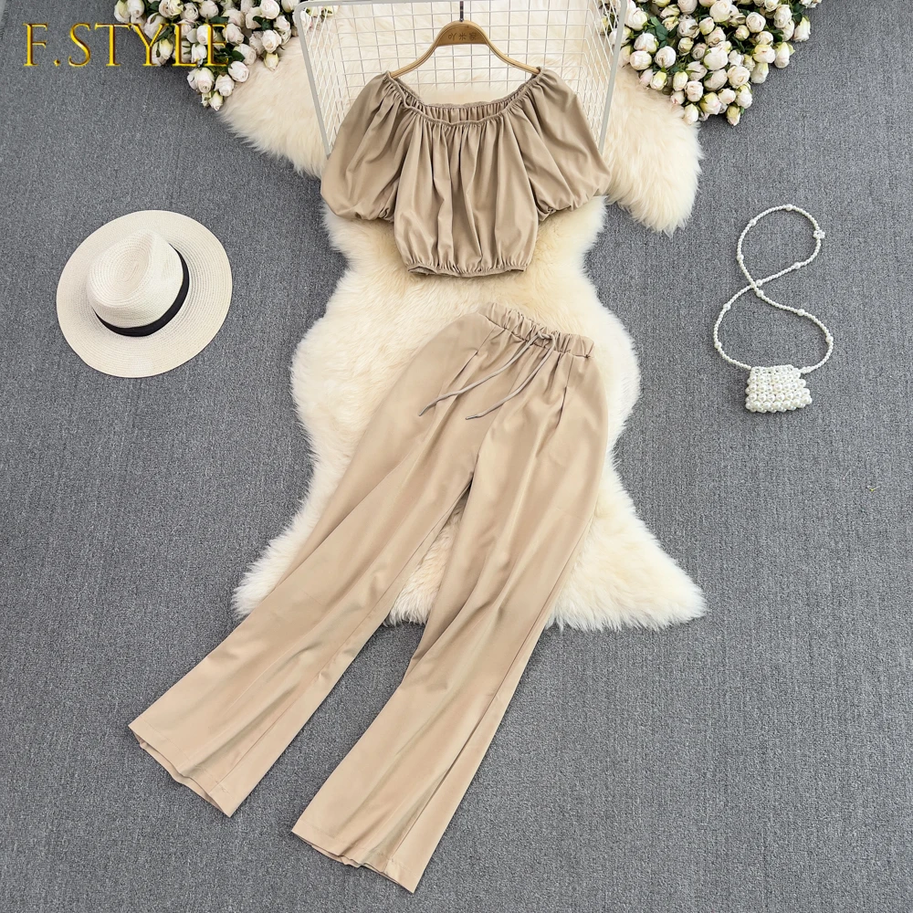 

F GIRLS Fashion Suit Women's Off Shoulder High Waist Short Top Two Piece Set Leisure High Waist Slim Straight Leg Pants