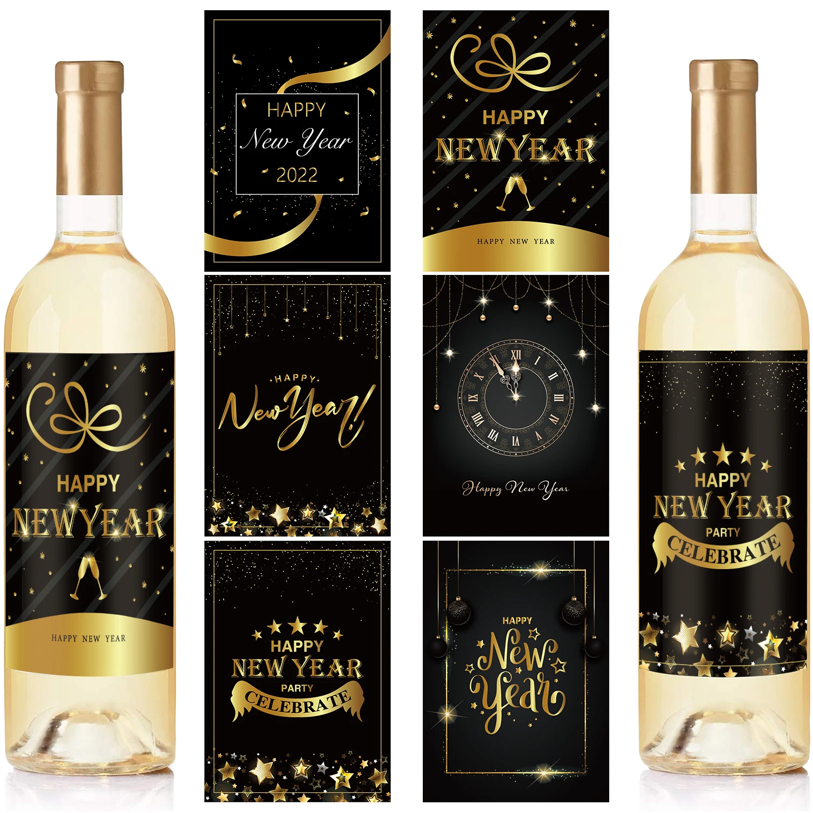 

BY002 24pcs Happy New Year Party Wine Labels Stickers Bottle Wrapper Gold Glitter Bottle Decorative Sticker Cheers Party Decors