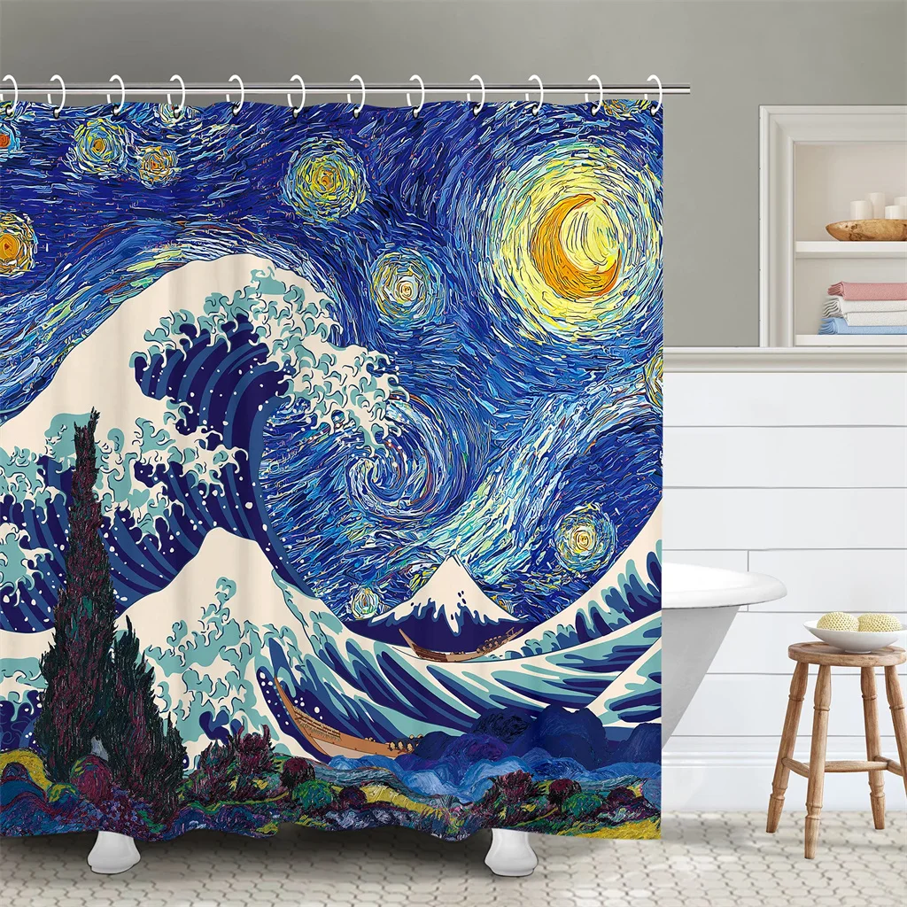 

Artistic Navy Blue Great Wave Sun River Montain Waterproof Shower Curtains Transparant Plastic For Bathroom Sets Fabric Hooks