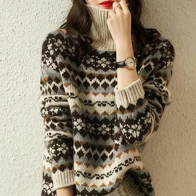 

Autumn Winter Ethnic Style Cashmere Wool Knit Pullover Women Turtleneck Sweater Loose Elegant Thicked Print Casual Sweater