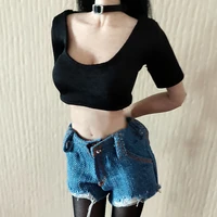 16 scale female sexy low cut short t shirt cacual loose denim hot shorts for 12inch action fugire body model
