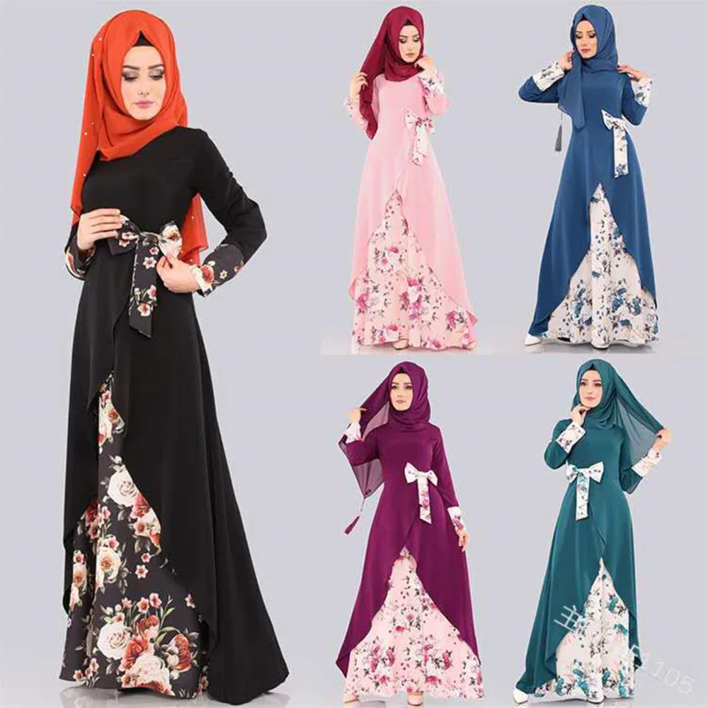 

Muslin Abaya Dress Women's Printed Stitching Dress Without Scarf Blue Green Red Pink Print Women Robe Slim Female Clothing