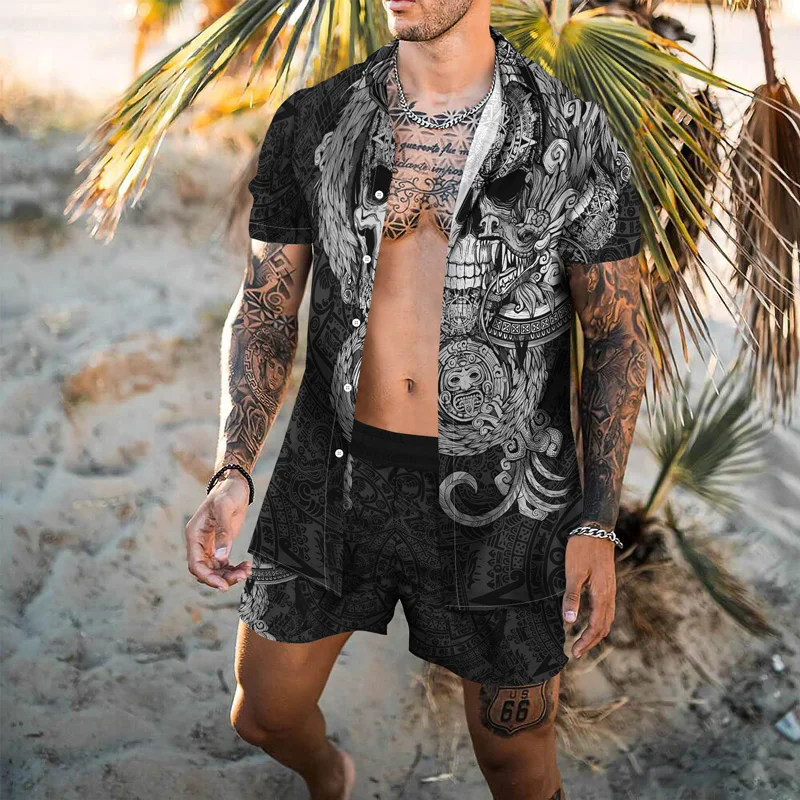 

Футболка с коротким рукавом и принтом татуировок Мужская, свободная рубашка + спортивные пляжные брюки, модная повседневная из двух предмет...