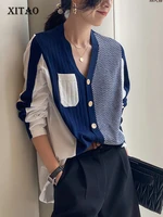 xitao knitting patchwork cardigan contrast color simplicity temperament loose casual v neck collar women all match top wmd7102