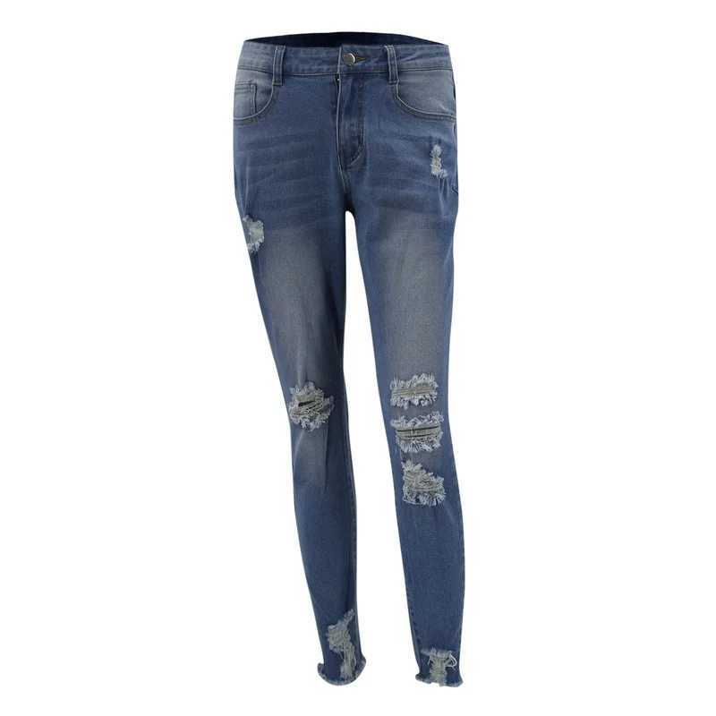 Women High Waist Pocket Elastic Denim Pants 2021 Spring Slim All-match Vintage Jeans Classic Ripped Hole Button Trousers Popular