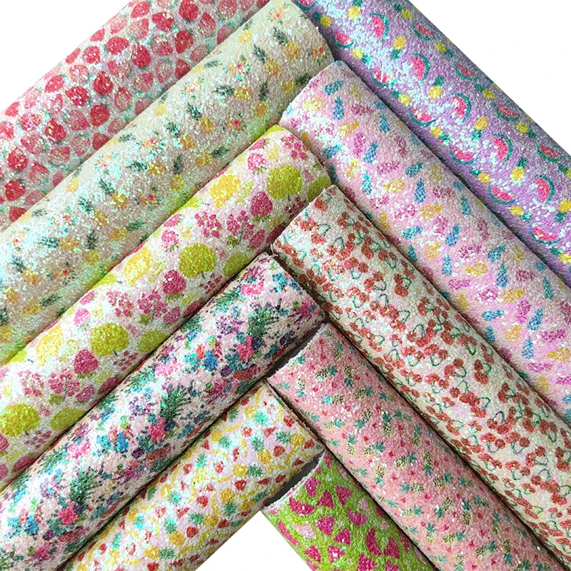 

Strawberry/Cherry/Banana/Watermelon/Pineapple Chunky Glitter Printed Faux Leather Fabric Sheet for Making Craft Bows