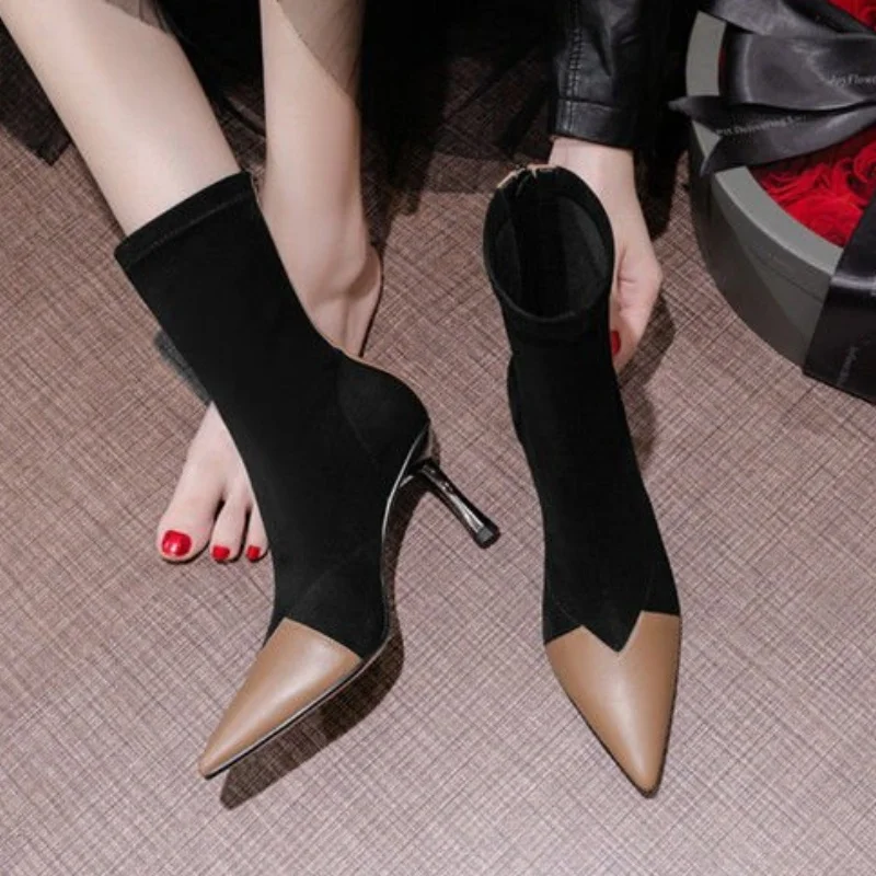 Модные замшевые женские ботильоны с острым носком на высоком каблуке туфли Челси
