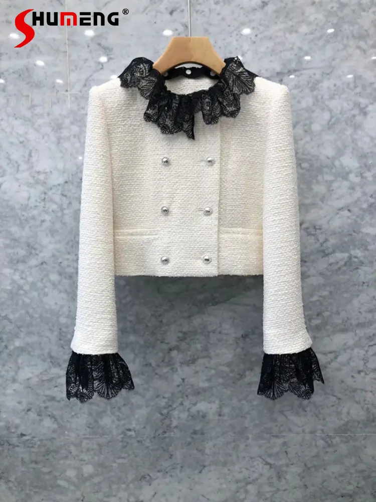

Sweet Lace Collar Cardigan Tweed Jackets for Women 2022 Autumn New Elegant Ladies Double Breasted Long Sleeve Slim Short Coat