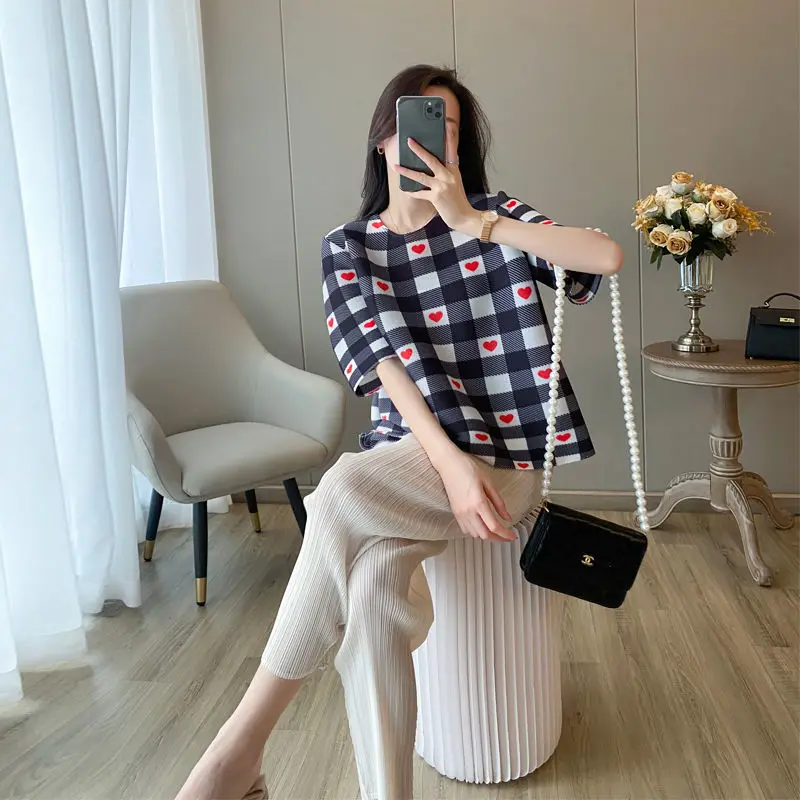 

Pleated t shirt high-quality fried street summer age-reducing fashion printing casual loose and thin all-match t-shirt women