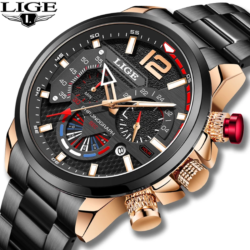 

LIGE Casual Business Chronograph Waterproof Stainless Steel Watch Men New Luxury Fashion Men Quartz Watches Horloges Mannen +Box