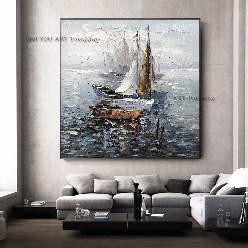 

100% Handmade Nature Oil Painting Canvas Ship Acrylic Wall Hand-painted Home Quadros Sea Decoracion For Living Room Boat Draw