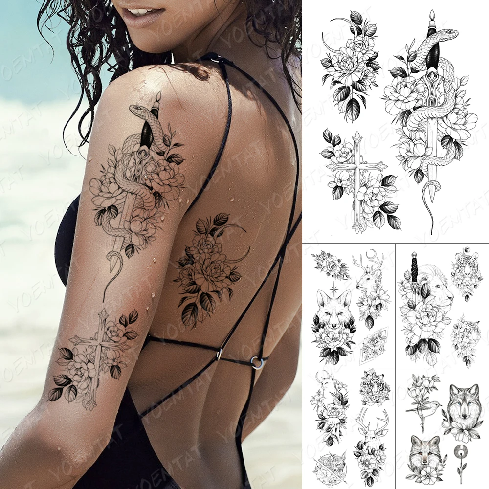 

Waterproof Temporary Tattoo Sticker Rose Lily Sword Lion Tiger Fox Reindeer Body Art Fake Tatto Men Women Shoulder Neck Tattoos