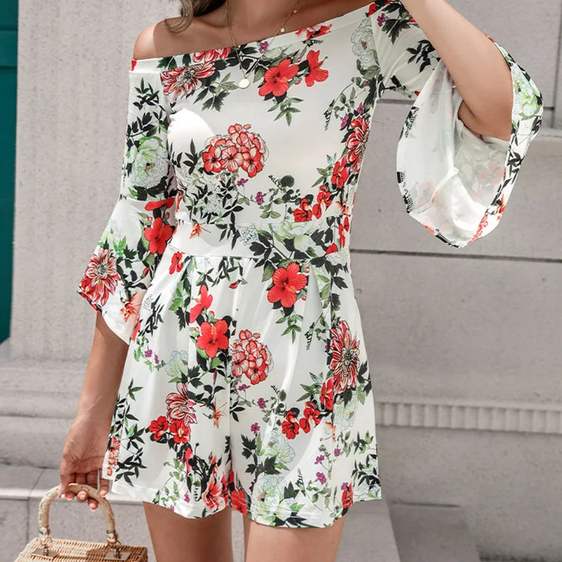 

Women's spring and summer 2023 temperament print off shoulder flare sleeve one-piece shorts