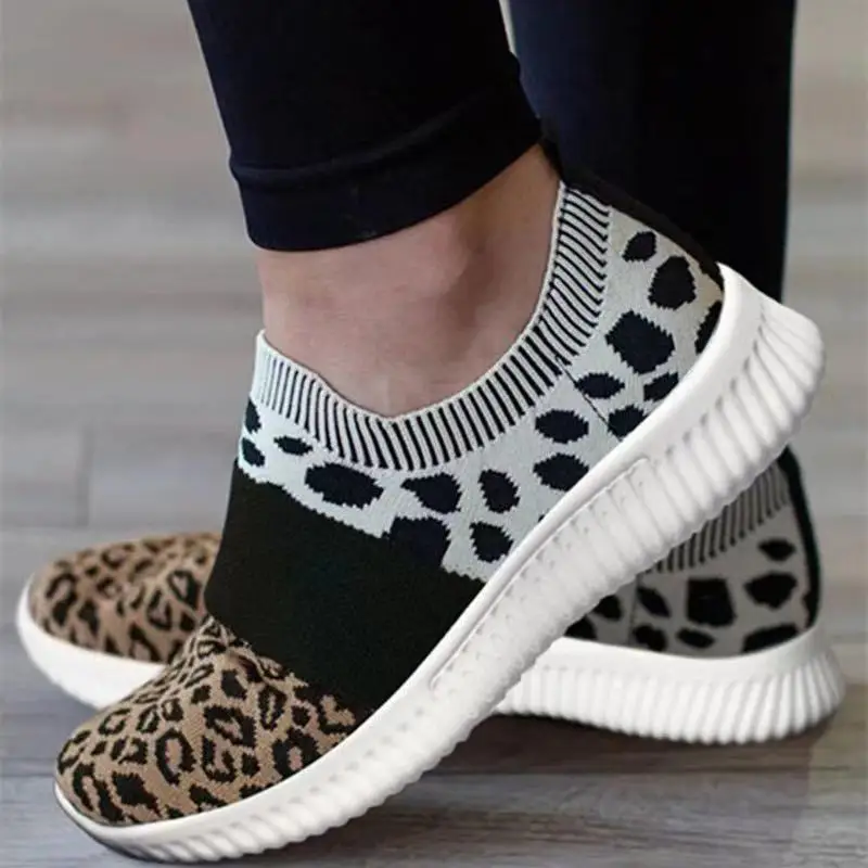 

Женские кроссовки с вулканизированной подошвой, сетчатые, леопардовые, вязаная обувь на плоской подошве