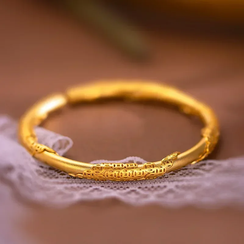 24K Yellow Gold Money Bracelet Real Ancient French Round Stick Bangles for Women Fashion Jewelry Gift