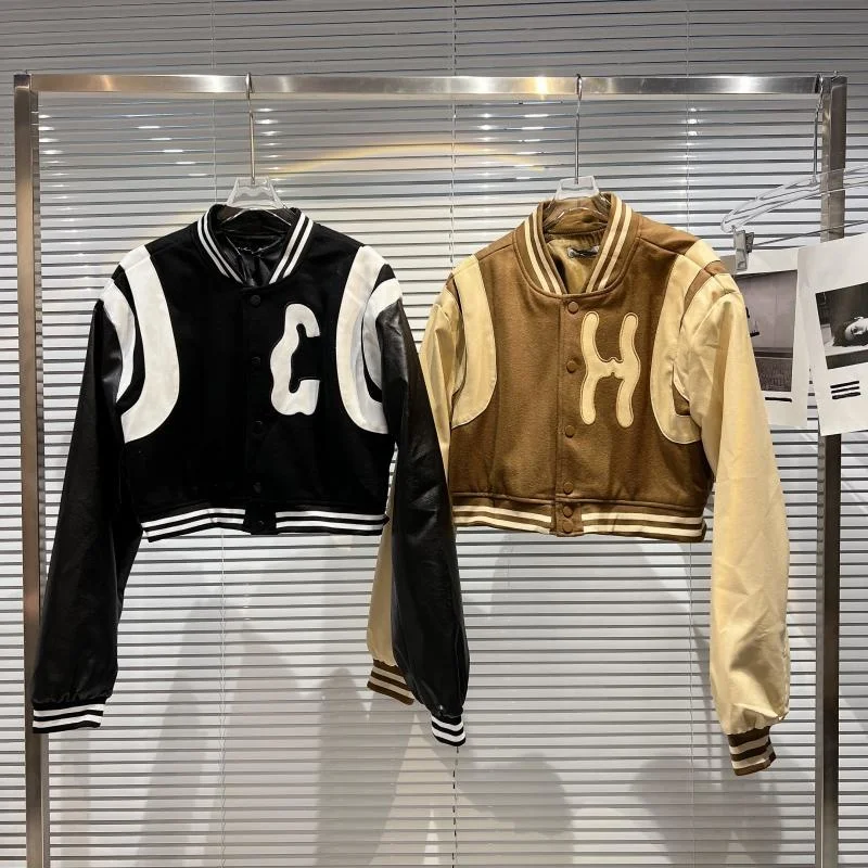 

PREPOMP 2022 Spring New Arrival Stand Collar Long PU Sleeve Letter Baseball Jacket Women Short Coat GE015